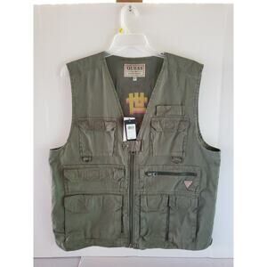 NWT GUESS Men's Large Green Moss Internationale Utility Poplin Vest Jacket